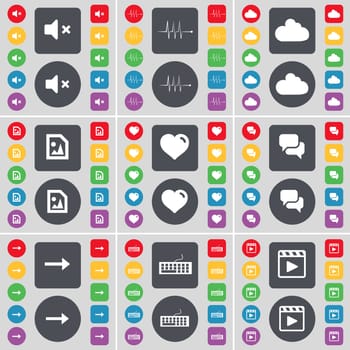 Mute, Pulse, Cloud, Media file, Heart, Chat, Arrow right, Keyboard, Media player icon symbol. A large set of flat, colored buttons for your design. illustration
