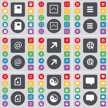 Notebook, Arrow up, Apps, Mail, Full screen, Web cursor, Download file, Yin-Yang, Chat bubble icon symbol. A large set of flat, colored buttons for your design. illustration
