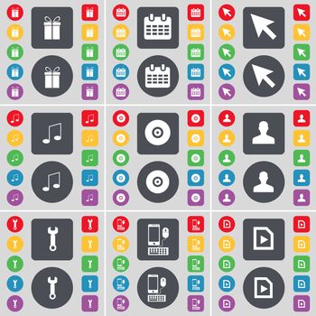 Gift, Calendar, Cursor, Note, Disk, Avatar, Wrench, Smartphone, Media file icon symbol. A large set of flat, colored buttons for your design. illustration