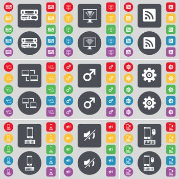 Record-player, Monitor, RSS, Connection, Mars symbol, Gear, Smartphone, Mute icon symbol. A large set of flat, colored buttons for your design. illustration