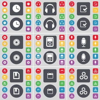 Clock, Headphones, Survey, Lens, Player, Microphone, File, Calendar, Gear icon symbol. A large set of flat, colored buttons for your design. illustration