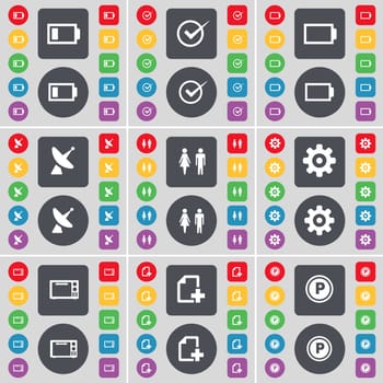 Battery, Tick, Battery, Satellite dish, Silhouette, Gear, Microwave, File, Parking icon symbol. A large set of flat, colored buttons for your design. illustration