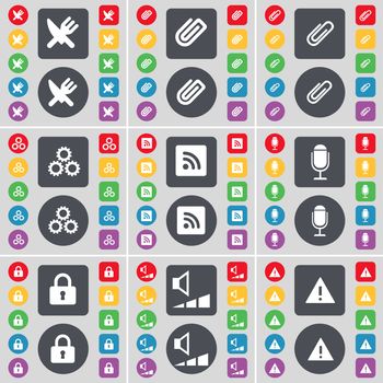 Fork and knife, Clip, Gear, RSS, Microphone, Lock, Volume, Warning icon symbol. A large set of flat, colored buttons for your design. illustration