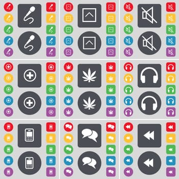Microphone, Arrow up, Mute, Plus, Marijuana, Headphones, Mobile phone, Chat, Rewind icon symbol. A large set of flat, colored buttons for your design. illustration