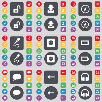 Lock, Avatar, Flash, Microphone, Socket, Battery, Chat bubble, Arrow left, Headphones icon symbol. A large set of flat, colored buttons for your design. illustration