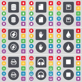Database, File, Floppy, Flash, Hand, Drop, Printer, Headphones, Media stop icon symbol. A large set of flat, colored buttons for your design. illustration