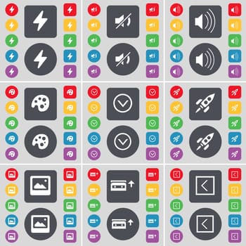 Flash, Mute, Sound, Palette, Arrow down, Rocket, Window, Cassette, Arrow left icon symbol. A large set of flat, colored buttons for your design. illustration