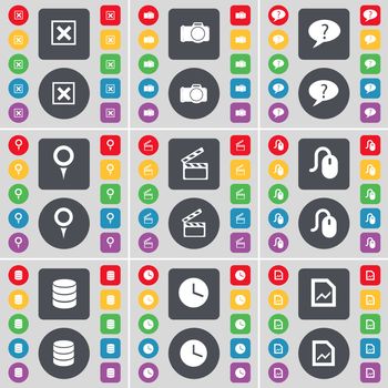 Stop, Camera, Chat bubble, Checkpoint, Clapper, Mouse, Database, Clock, Graph file icon symbol. A large set of flat, colored buttons for your design. illustration