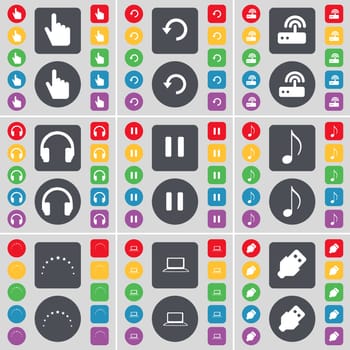 Hand, Reload, Router, Headphones, Pause, Note, Star, Laptop, USB icon symbol. A large set of flat, colored buttons for your design. illustration
