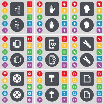 Connection, Hand, Silhouette, Smartphone, Rocket, Videotape, Signpost, File icon symbol. A large set of flat, colored buttons for your design. illustration