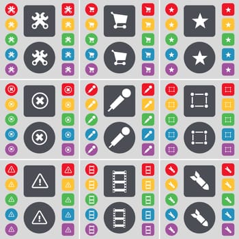 Wrench, Shopping cart, Star, Stop, Microphone, Frame, Warning, Negative films, Rocket icon symbol. A large set of flat, colored buttons for your design. illustration