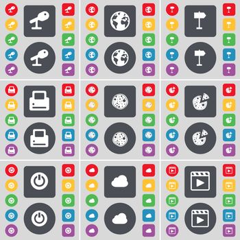 Microphone, Earth, Signpost, Printer, Pizza, Power, Cloud, Media player icon symbol. A large set of flat, colored buttons for your design. illustration