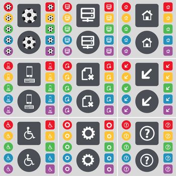 Ball, Server, House, Smartphone, File, Deploying screen, Disabled person, Gear, Question mark icon symbol. A large set of flat, colored buttons for your design. illustration