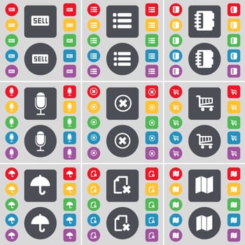 Sell, List, Notebook, Microphone, Stop, Shopping cart, Umbrella, File, Map icon symbol. A large set of flat, colored buttons for your design. illustration