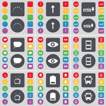 Stars, Arrow up, Keyboard, Chat cloud, Vision, Negative films, Retro TV, Battery, Bus icon symbol. A large set of flat, colored buttons for your design. illustration