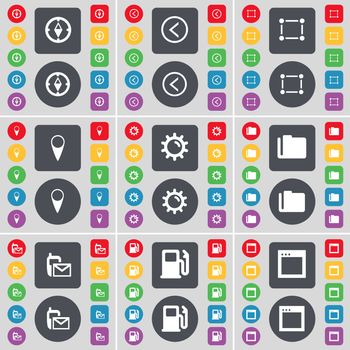 Compass, Arrow left, Frame, Checkpoint, Gear, Folder, SMS, Gas station, Window icon symbol. A large set of flat, colored buttons for your design. illustration