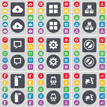 Cloud, Apps, Network, Chat bubble, Gear, Stop, Fire extinguisher, Train, Scooter icon symbol. A large set of flat, colored buttons for your design. illustration