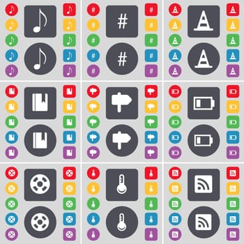 Note, Hashtag, Cone, Dictionary, Signpost, Battery, Videotape, Thermometer, RSS icon symbol. A large set of flat, colored buttons for your design. illustration