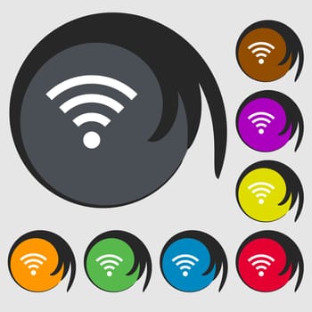 Wifi sign. Wi-fi symbol. Wireless Network icon zone. Symbols on eight colored buttons. illustration