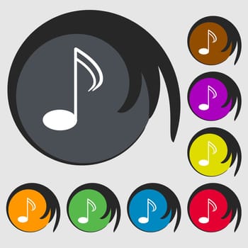 Music note sign icon. Musical symbol. Symbols on eight colored buttons. illustration