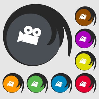 Video camera sign icon. content button. Symbols on eight colored buttons. illustration