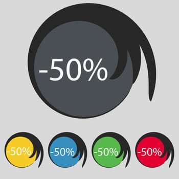 50 percent discount sign icon. Sale symbol. Special offer label. Set of colored buttons illustration