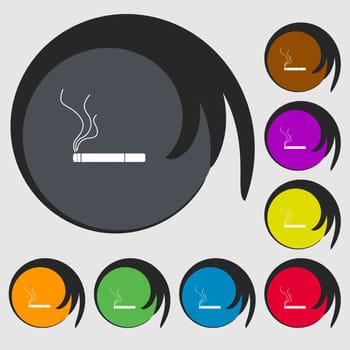 Smoking sign icon. Cigarette symbol. Symbols on eight colored buttons. illustration