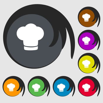 Chef hat sign icon. Cooking symbol. Cooks hat. Symbols on eight colored buttons. illustration