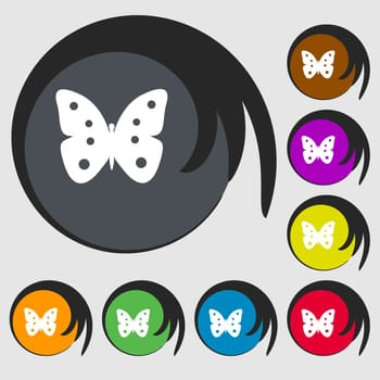 Butterfly sign icon. insect symbol. Symbols on eight colored buttons. illustration