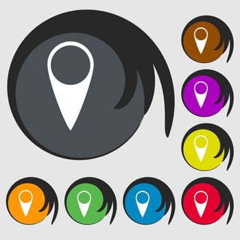 Map pointer icon. GPS location symbol. Symbols on eight colored buttons. illustration