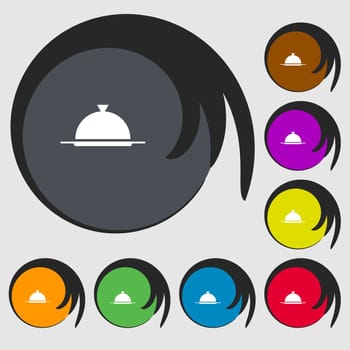 Food platter serving sign icon. Table setting in restaurant symbol. Symbols on eight colored buttons. illustration