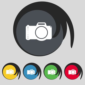 Photo camera sign icon. Digital symbol. Set colourful buttons. illustration