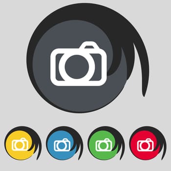 Photo camera sign icon. Digital photo camera symbol. Set colourful buttons. illustration