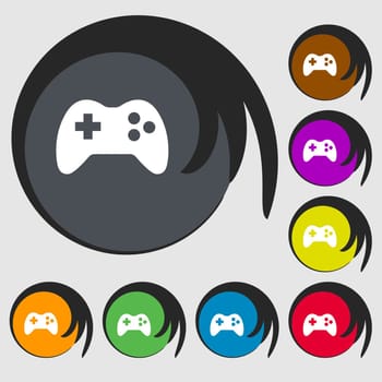 Joystick sign icon. Video game symbol. Symbols on eight colored buttons. illustration