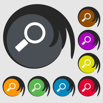 Magnifier glass sign icon. Zoom tool button. Navigation search symbol. Symbols on eight colored buttons. illustration