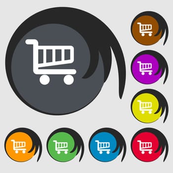 Shopping Cart sign icon. Online buying button. Symbols on eight colored buttons. illustration