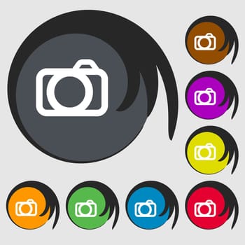 Photo camera sign icon. Digital photo camera symbol. Symbols on eight colored buttons. illustration