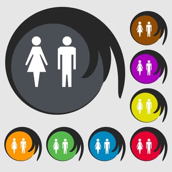 WC sign icon. Toilet symbol. Male and Female toilet. Symbols on eight colored buttons. illustration