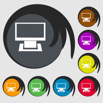 Computer widescreen monitor sign icon. Symbols on eight colored buttons. illustration