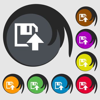 floppy icon. Flat modern design. Symbols on eight colored buttons. illustration