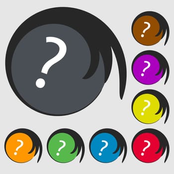 Question mark sign icon. Help symbol. FAQ sign. Symbols on eight colored buttons. illustration