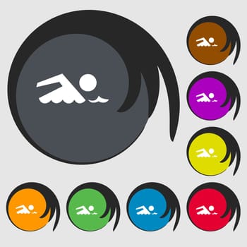Swimming sign icon. Pool swim symbol. Sea wave. Symbols on eight colored buttons. illustration