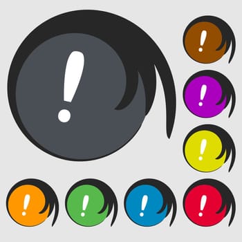 Exclamation mark sign icon. Attention speech bubble symbol. Symbols on eight colored buttons. illustration