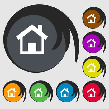Home sign icon. Main page button. Navigation symbol. Symbols on eight colored buttons. illustration