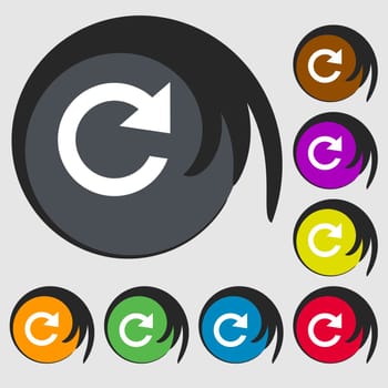 update sign icon. Full rotation arrow symbol. Symbols on eight colored buttons. illustration