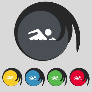 Swimming sign icon. Pool swim symbol. Sea wave. Set colourful buttons illustration