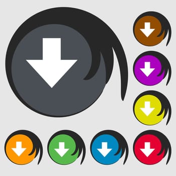 Download sign. Downloading flat icon. Load label. Symbols on eight colored buttons. illustration