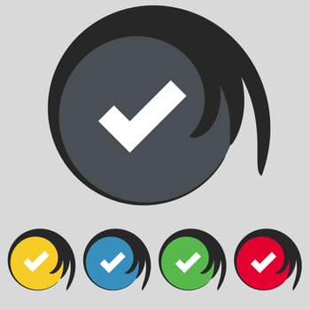 Check mark sign icon . Confirm approved symbol. Set colourful buttons. illustration