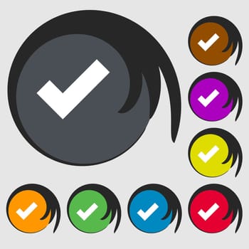 Check mark sign icon . Confirm approved symbol. Symbols on eight colored buttons. illustration
