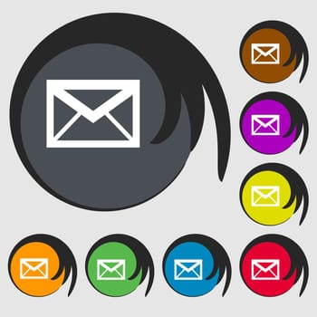 Mail icon. Envelope symbol. Message sign. navigation button. Symbols on eight colored buttons. illustration